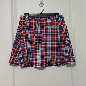4/$25 Talbots Plaid Skort Red Blue White M Pockets Lined Preppy Short Button